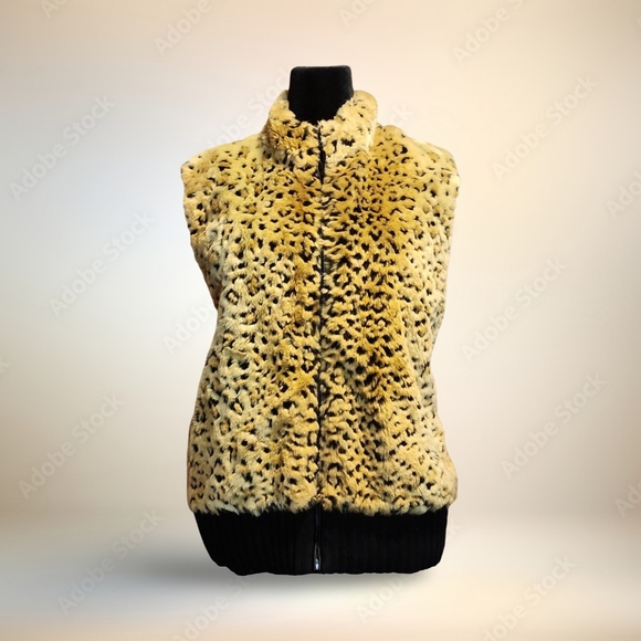 ▶Leopard Or Cheetah Print Faux Fur Vest With Black Sweater Back Boujee Punk Glam - Picture 2 of 10